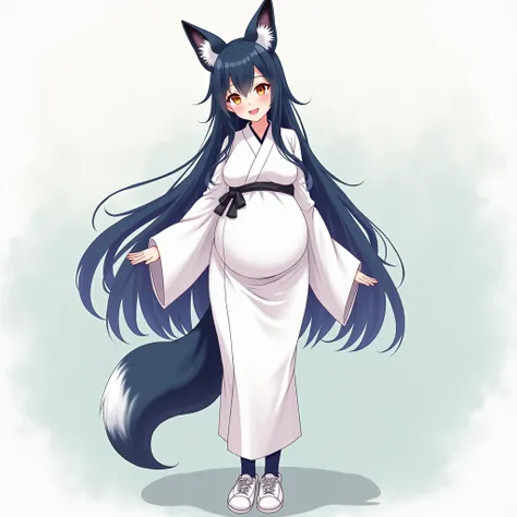 anime girl, long hair,dark blue hair, big pregnant, orange eyes , very big breasts, very big belly , pregnant girl, biggest belly , anime style,big breasts, pregnant girl with big belly, smile, dark blue thin tights, white long kimono dress, big pregnant b...