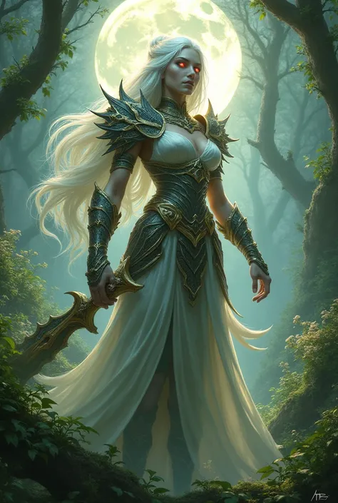 A female warrior goddess of nature.  Long, white hair with red eyes. With a pointed nose and a square face with skin as white as the moon.