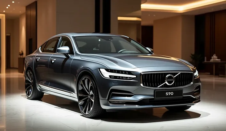 Only front and side view images of 2025 Volvo S90 in Shining dark grey color standing in luxury showroom. Mention S90 on number plate