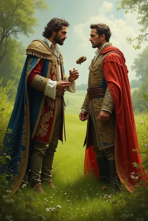 in a green field, two noble men stand close to each other,  one of them throws a glove in the other's face