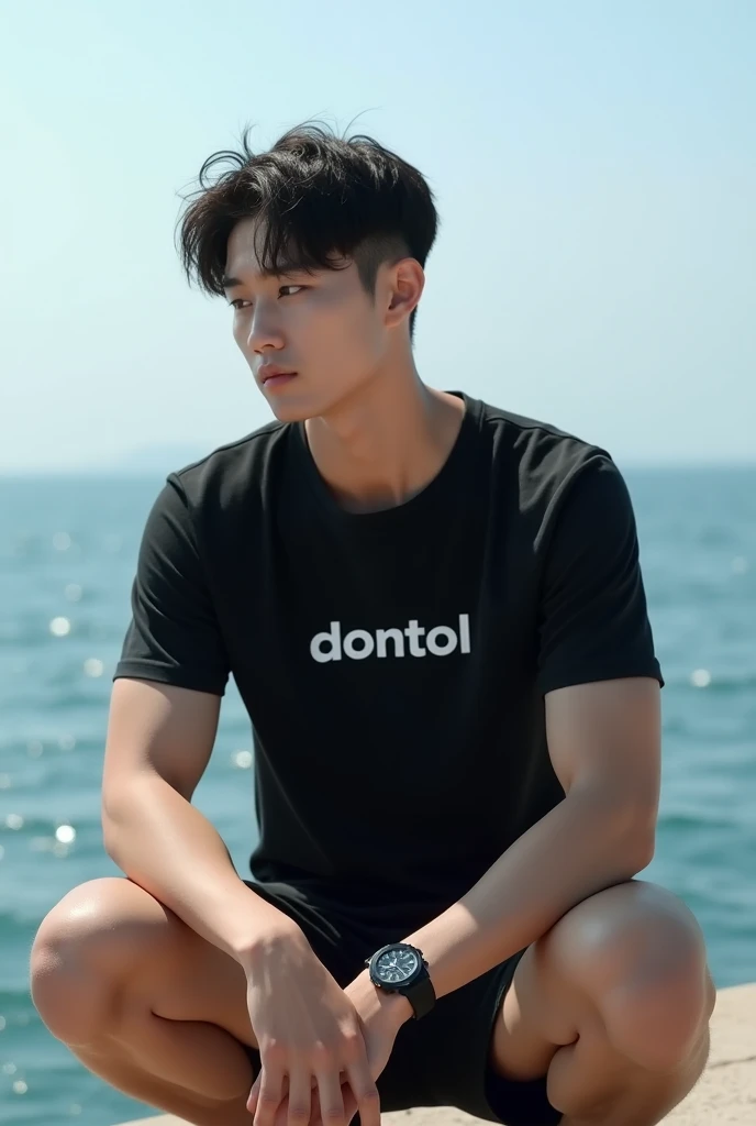  Handsome young Korean guy,  nasolabial, wear a black t-shirt and shorts,  is sitting squatting wearing a watch, there is the name DONTOL on his chest ,  and against the background of the ocean 