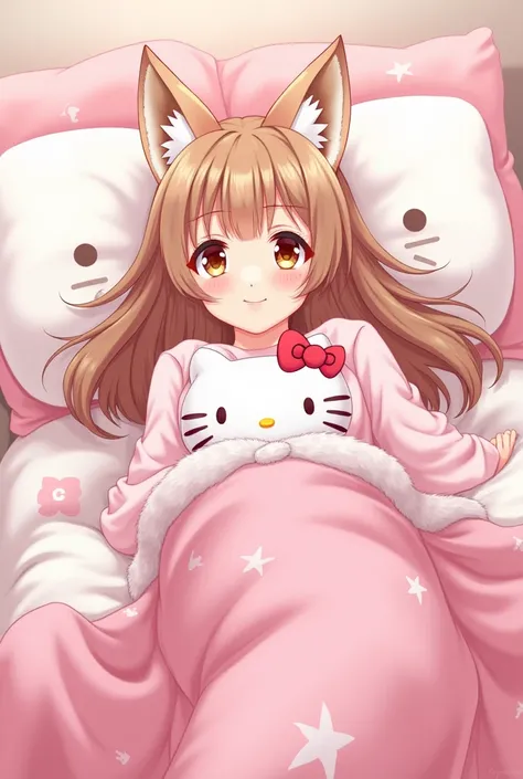 Anime style girl with fox ears on bed in Hello Kitty pajamas