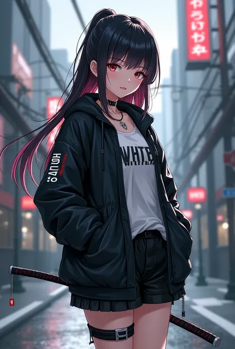 anime girl in a black and white outfit standing on a city street, cyberpunk art inspired by Hisui Sugiura, trending on pixiv, shin hanga, from girls frontline, female action anime girl, girls frontline style, rogue anime girl, girls frontline cg, katana ze...