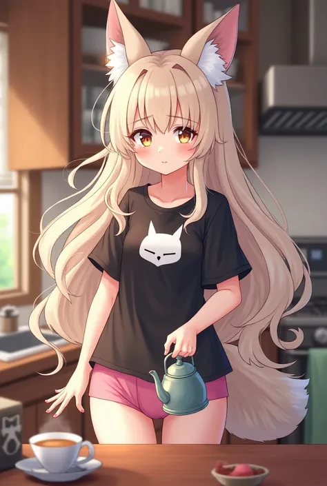 An anime-style girl with fox ears in a long black fox t-shirt in pink panties in the kitchen makes tea