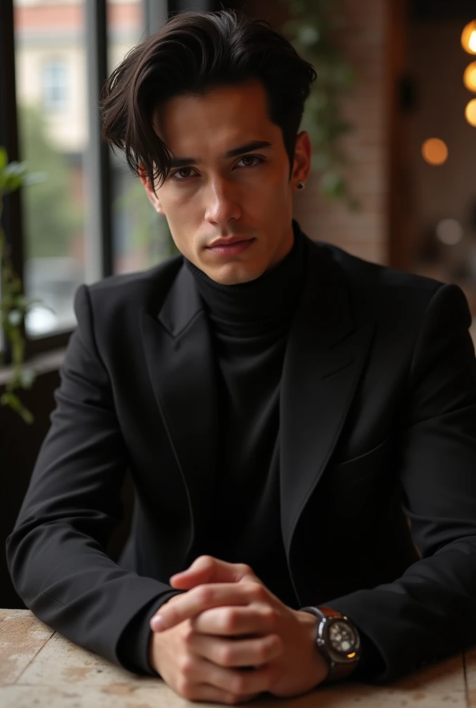 Sylus from Love&deepspace, Sitting Across the table on a date with me, While wearing our black suits and hold in my hand and it’s from my point of view , Focusing only on him and try not to show any female character in the picture only him holding my hands...