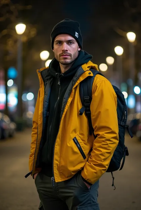 A 22-year-old man with broad shoulders and muscular build in a dark yellow jacket, dark Carhartt and Converse cargo pants. Black beanie, well-marked masculine features.  blue eyes .  impressive. retrato. Urbano. city. In a corner of the park . Night. backp...