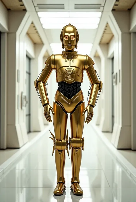 Creates the full-body image of a C-3PO-inspired droid but. That the background is similar to the Tantive IV. I mean white walls, etc.