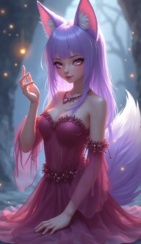 A fox girl with crystal tails sends a kiss with her hand, she has purple hair and ears silvery eyes, a reddish purple dress is transparent white