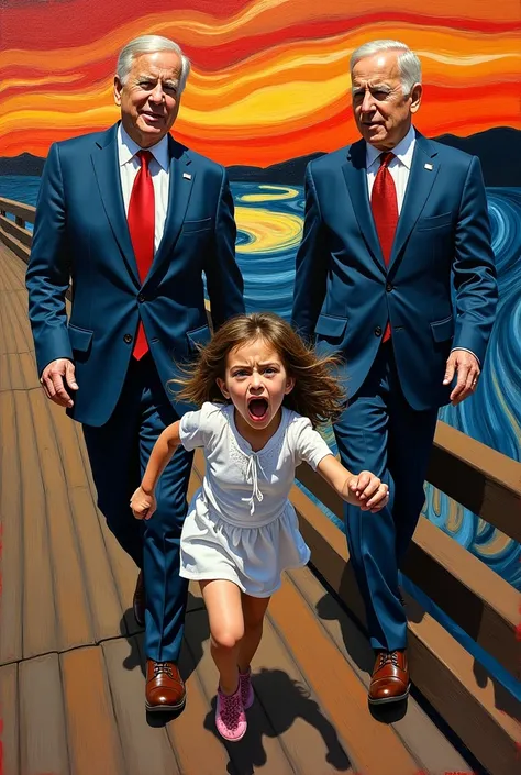 Make scream painting by Edward munch but instead of sceam man, draw a palestine girl who is chased by joe Biden and netanyahu (Israel president)