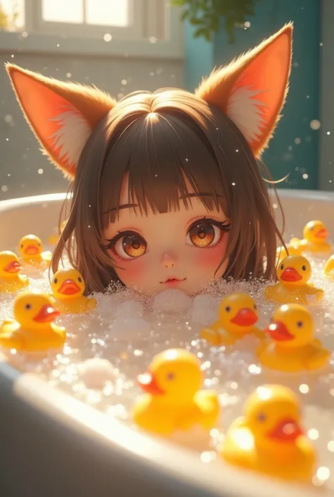 An anime-style girl with fox ears lies in a glitter and duck bath