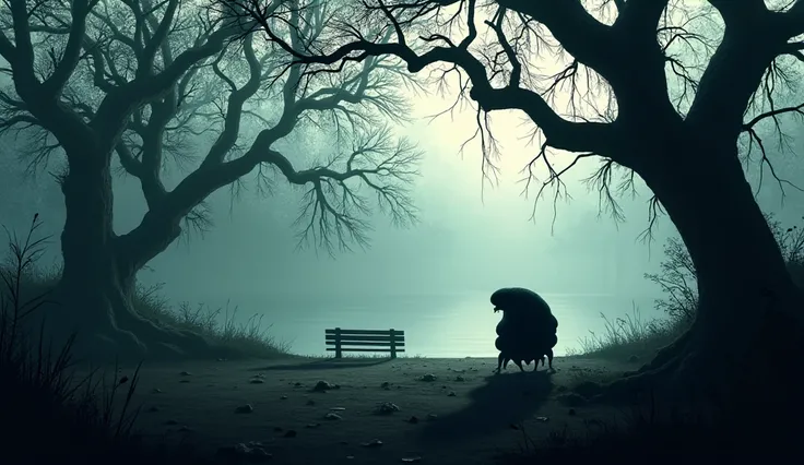 Silhouette of a Tardigrad walking through a sinister park with a lake in the background