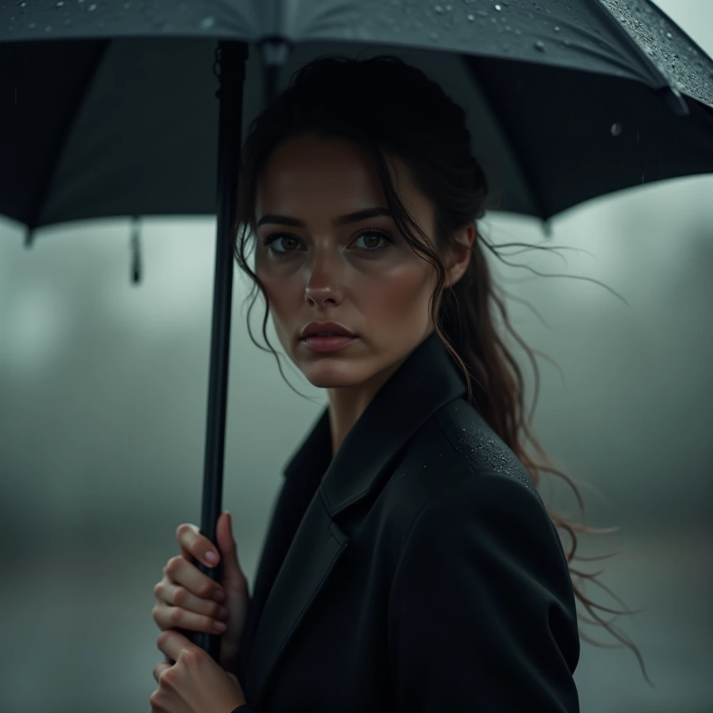 close-up picture of a woman wearing a black suit with an umbrella walking in the rain