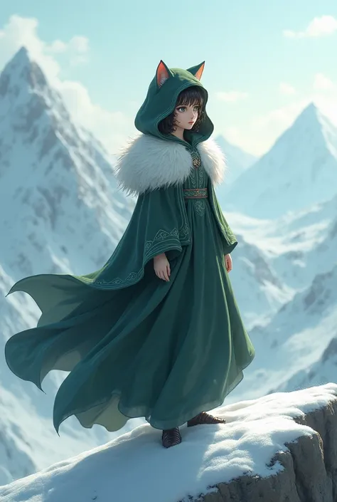 Short black curly hair, sweet face, cat eyes, covered in dark green robe and white fur, standing on a snowy mountain top, wide shot