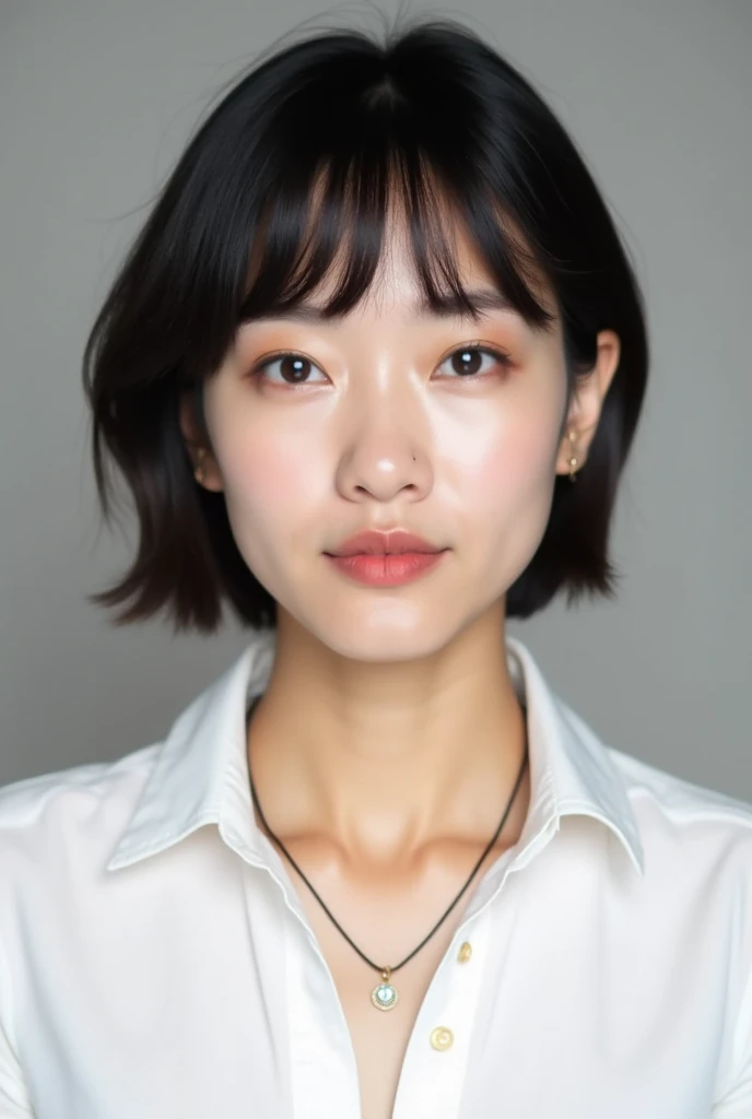 arafed woman with a white shirt and a necklace on her neck, with short hair, headshot profile picture, korean symmetrical face, yanjun chengt, professional profile picture, xision wu, xintong chen, neat hair with bangs, south east asian with round face, po...