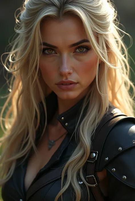 (photorealism:1.2), fierce beautiful woman with long golden 
blonde hair and deep dark brown eyes. round face, strong gorgeous
fantasy warrior wearing black leather 
