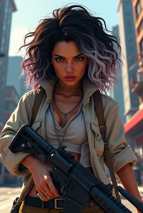 Female GTA character with gun, Big curly hair with white highlights 