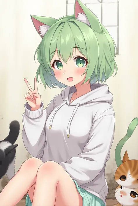  girl with cat ears hair color is pastel green and short cut hair is fluffy、Wear a thin-haired 、 猫のパーカーを着ておへそ出し 頭の上に猫を乗せる  High Definition Model,  anime style、There are lots of cats around 、 play with cats with bare legs、Hoodie has thin white lines and is ...