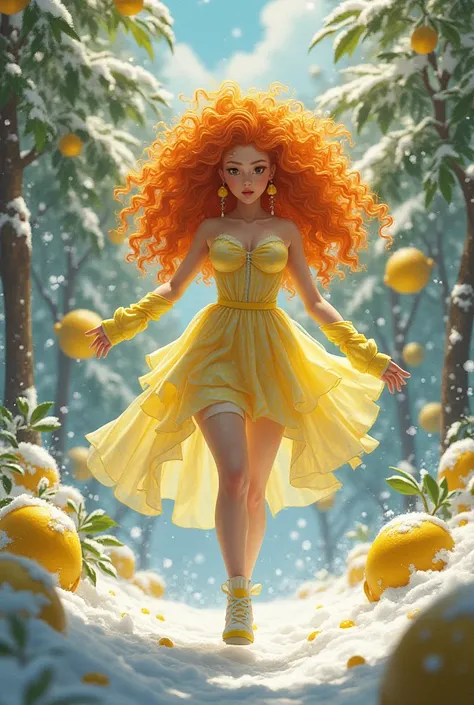 Create a superhero to defeat the lemon monster in the forest with snow and lemon trees and have a  with orange and curly hair in a lemon pattern in an anime white dress with an orange and curly hair