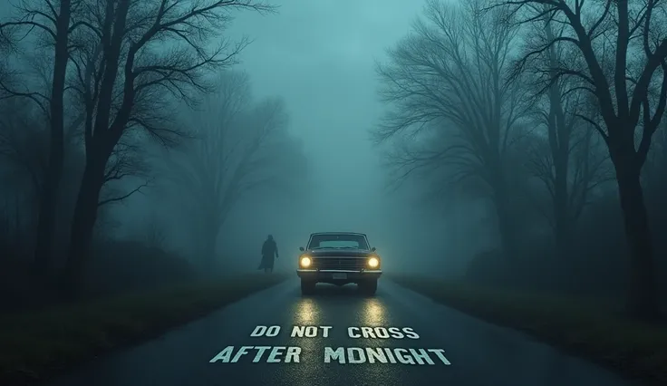  A dark, deserted road shrouded in thick fog ,  with twisted trees on both sides that look like shadows . In the center of the road ,  you see a message painted on the asphalt , " DO NOT CROSS AFTER MIDNIGHT ",  dimly illuminated by the lights of an old ca...