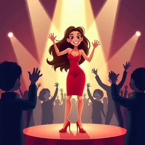 In image illustration art cartoon style. A confident girl in a red dress and high heels is on stage, waving to the audience. She has long, flowing brown hair, and stage lights shine on her.