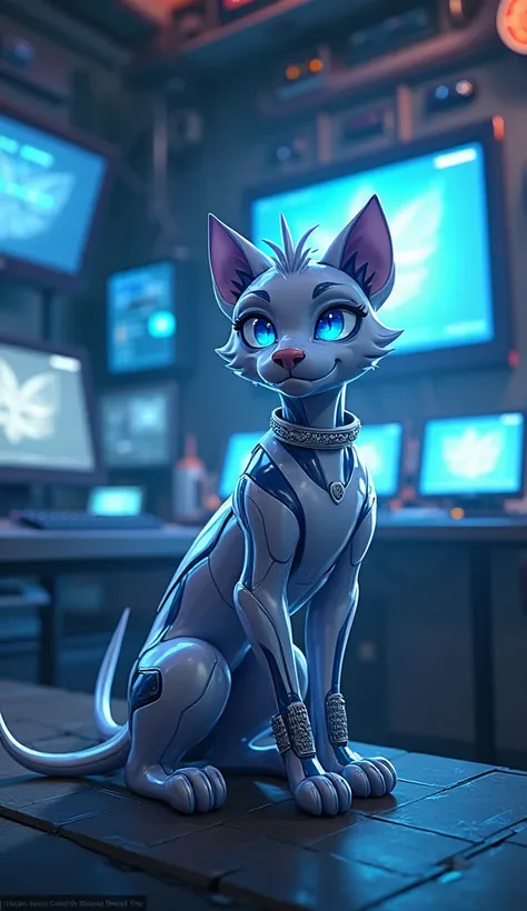 Creates a realistic gothic anime image of a technological base with screens and gadgets, in the center Cyberhound, a male dog, , shiny metallic coat (silver and blue), luminous blue eyes, friendly but determined face, no clothes, but with a shiny futuristi...