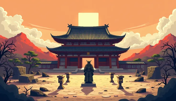  A vast pixelated samurai temple stands in the middle of a barren land ,  In burnt shades of orange and sepia .  The square sky shines with an intense sun ,  } casting long shadows over ancient structures . The cracked ground ,  made of irregular blocks , ...