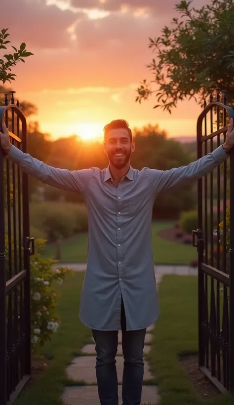 The man in the gray shirt dress is standing in front of the gate of his house,  with open arms and an expression of relief and happiness. The sky in the background is in shades of orange and pink, with the Sun Setting. The garden is in bloom ,  and the win...