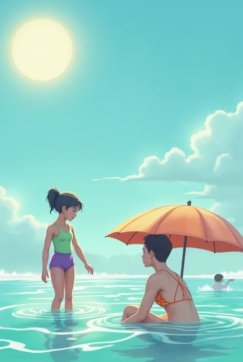 Sea without waves and sun teenage girl in green swimsuit  in purple swimsuit in the water , mother sitting under an umbrella wearing an orange bikini with white print short hair , Mr. white shirt with blue shorts at a distance from the mother looking at he...