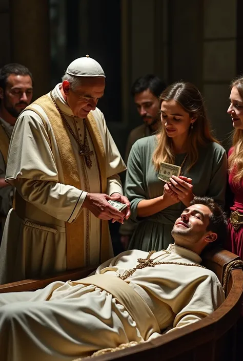 A situation where the father's body is lying in a coffin on one side and everyone is sharing the money. And ignoring the body. The son is hugging the money with a smile on his face and the mother is crying next to the father's body. The Pope is reciting a ...