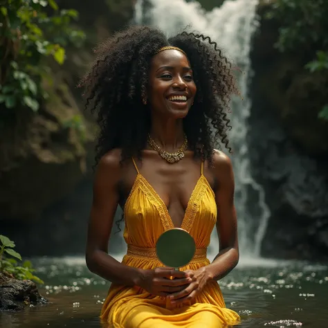 Oxum, Orixa do Povo Yoruba, It's inside a waterfall, The forest around you, with beautiful birds flying. She has a beautiful face, Like the most beautiful black African women, Your hair is frizzy up to almost the waist.  she wears a golden dress like the t...