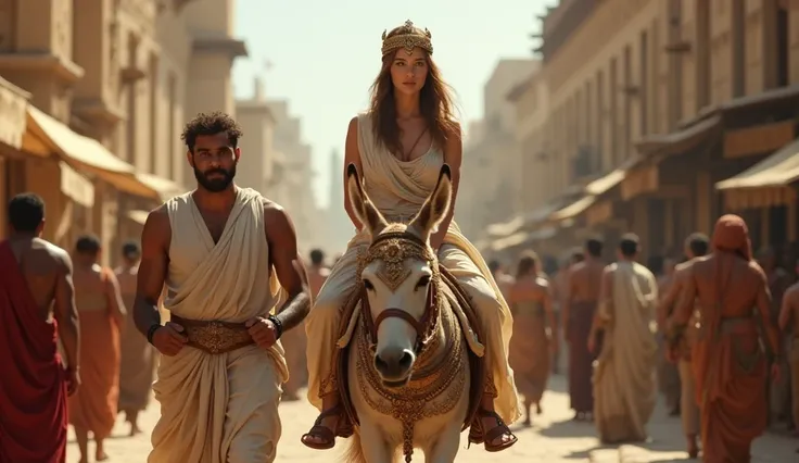 Create the 8k HD image of a very beautiful woman from the first century riding a donkey that a man carries the donkey from the stores that are entering a city