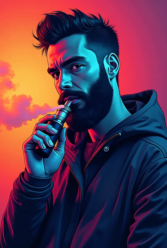 Generate a logo with the image of a man with a beard vaping or with a Vaper in his hand with bright colors and a style that attracts attention 