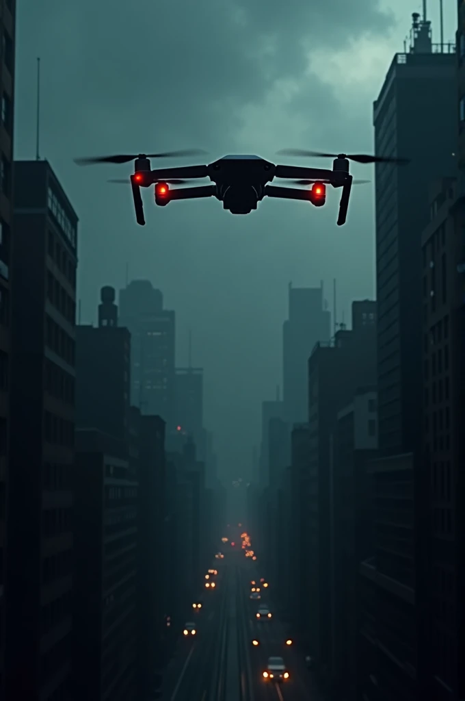 Drone in the sky seen from a city, Dark theme 