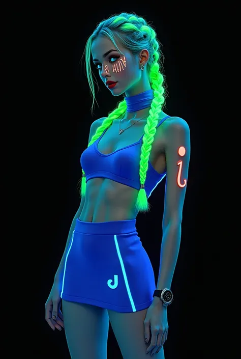 Ukrainian Russian woman, futuristic full body standing image in cyberpunk style of beautiful blonde white Russian woman with phosphorescent neon green braided hair and blue sporty mini skirt with futuristic accessories watch and smartphone, highly detailed...