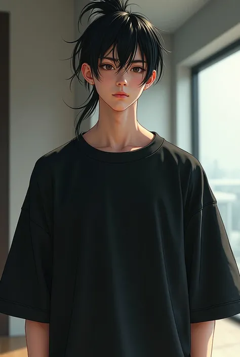 In a 3D manga style,  an athletic young Asian man with a very feminine face, hair tied up, dressed in a large black T-shirt, Is intrigued ,  frowned .
