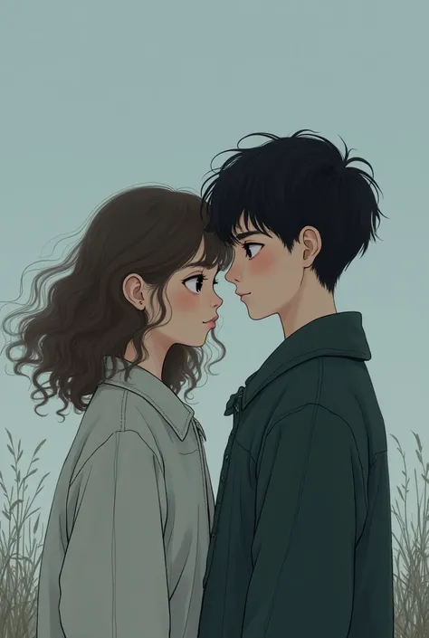 Girl of one meter sixty-five,  that appears 18 years old,  wavy brown hair, pecoza, And black eyes. With an 18 year old boy.  black hair.  gray eyes, high.  With cold aura Minimalist illustration 