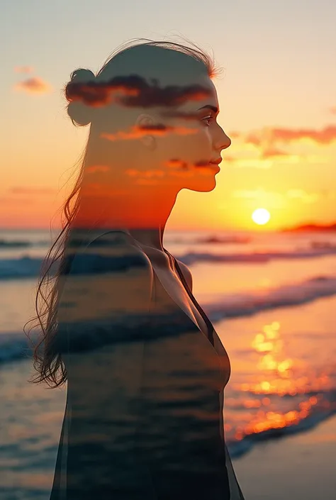  high quality,  8k Ultra HD , Uma bela double exposure que combina uma silhueta de deusa com a costa ao pôr do sol,  the coast at sunset should serve as a backdrop ,  with its details embedded in the goddess, sharp lines, The background is monochromatic, s...