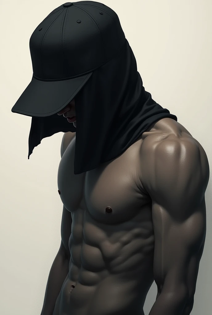 I want a male character with his head down with a black cap draping the rest of him,  shirtless