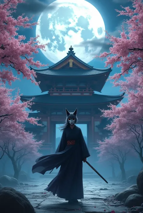 Japanese temple with a , sakura trees,  setting of a moon and a woman wearing a fox mask holding a katana 