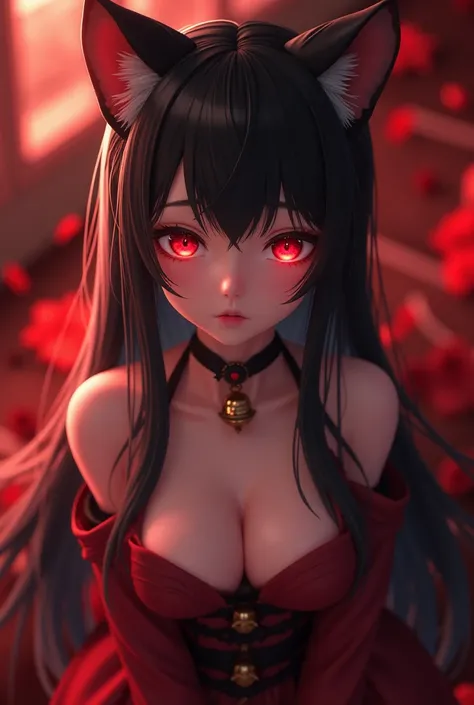  1 girl, Solo,  high resolution , Long hair,  black hair,  red eyes,  Big Breasts, Cat ears,  redhead,  flickering light , bell,  Anime,  sexy,หุ่น sexy,ใส่ sexyสีดำ, 8k octane render ,  high detail , quality, , face between eyes , สไตล์ Anime, C4D,  camer...