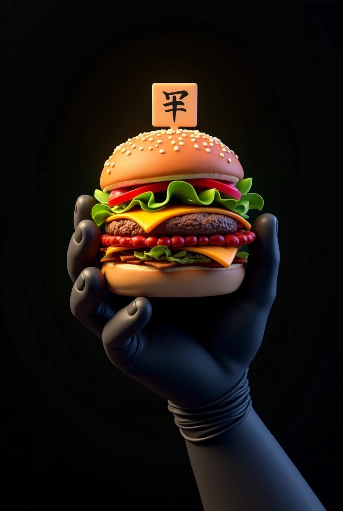  create a hand with a black glove holding a gourmet “cartoon” style hamburger ``And appetizing with a black background and a symbol written board in the middle of the hamburger 
