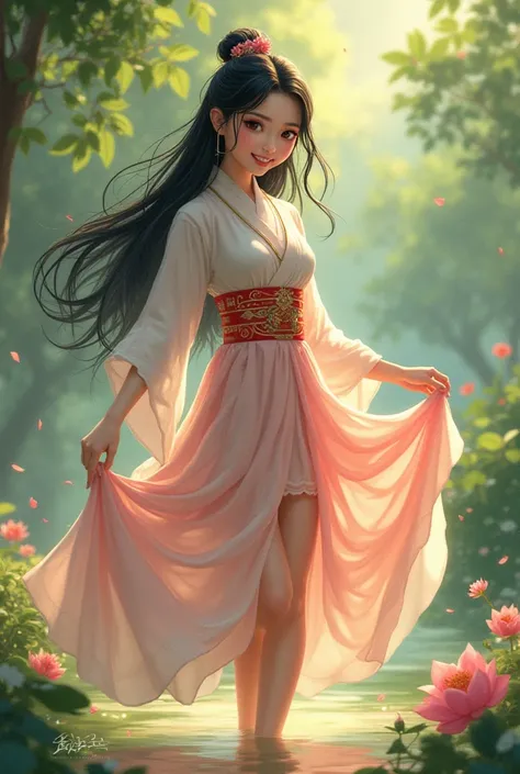 東洋の若いチャーミングな女の子　Oriental young charming girl flipping her skirt outdoors 　 is peeing