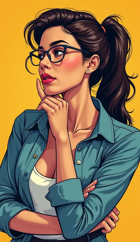 DISCREET image. with discreet casual clothes. Image of an adult American woman in comic book style. She looks thoughtful, resting her chin on her hand or touching her face in a contemplative gesture. IMAGES WITH VIBRANT COLORS. With a colorful background