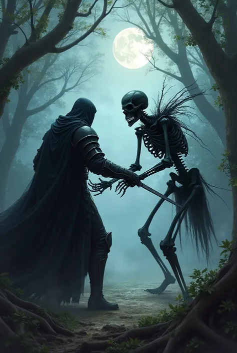 A dark knight in the forest fighting against a black skeleton in realistic dark fantasy style