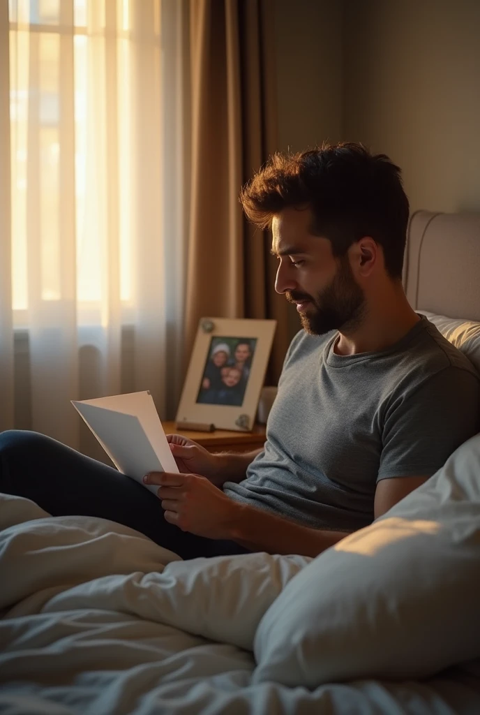 The man in the gray dress shirt is sitting on the bed,  holding the letter and looking at the family photo on the bedside table.  The light of dawn comes through the window , lighting up the bedroom with soft and warm tones .

