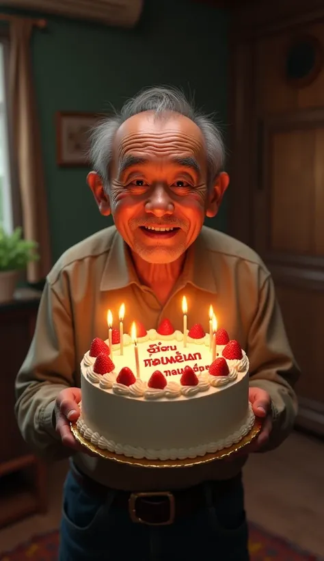 A old Thai man holds a strawberry cake with lit candles on top of the cake and the message HBD. to you 'Namneung' (spelled correctly)