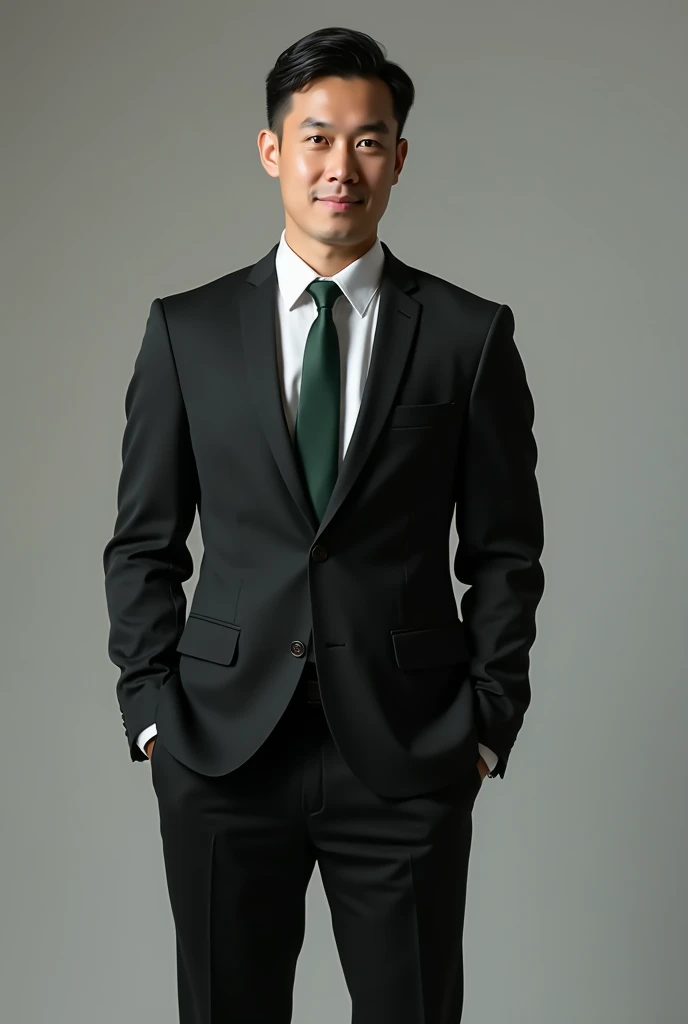 Man in black suit with white shirt and dark green tie. full body photo.