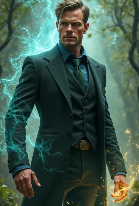 Handsome Druid dressed in black suit with blue shirt and dark green tie using elemental magic