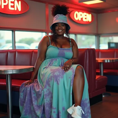 A curvaceous Black woman in a tie-dye maxi dress with a thigh-high slit and smocked bust, the swirls of teal and purple dye blending like watercolor. She pairs it with chunky white sneakers and a bucket hat, her hair in a high bun with face-framing tendril...