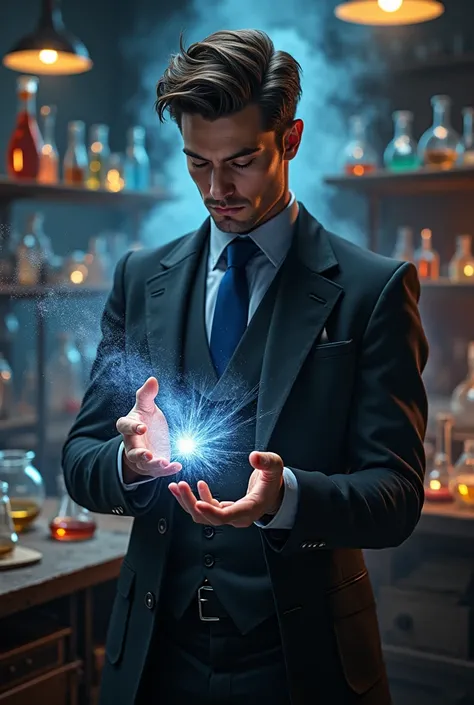 Handsome alchemist dressed in a black suit with gray shirt and blue tie using magic in a laboratory